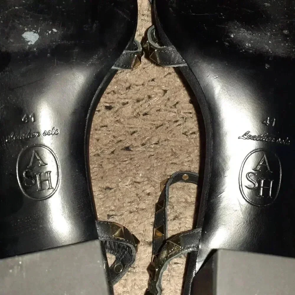 ASH-Iggy-Studded Black Leather-Ankle Strap Heel Sandals-Sz 41/10-Excellent